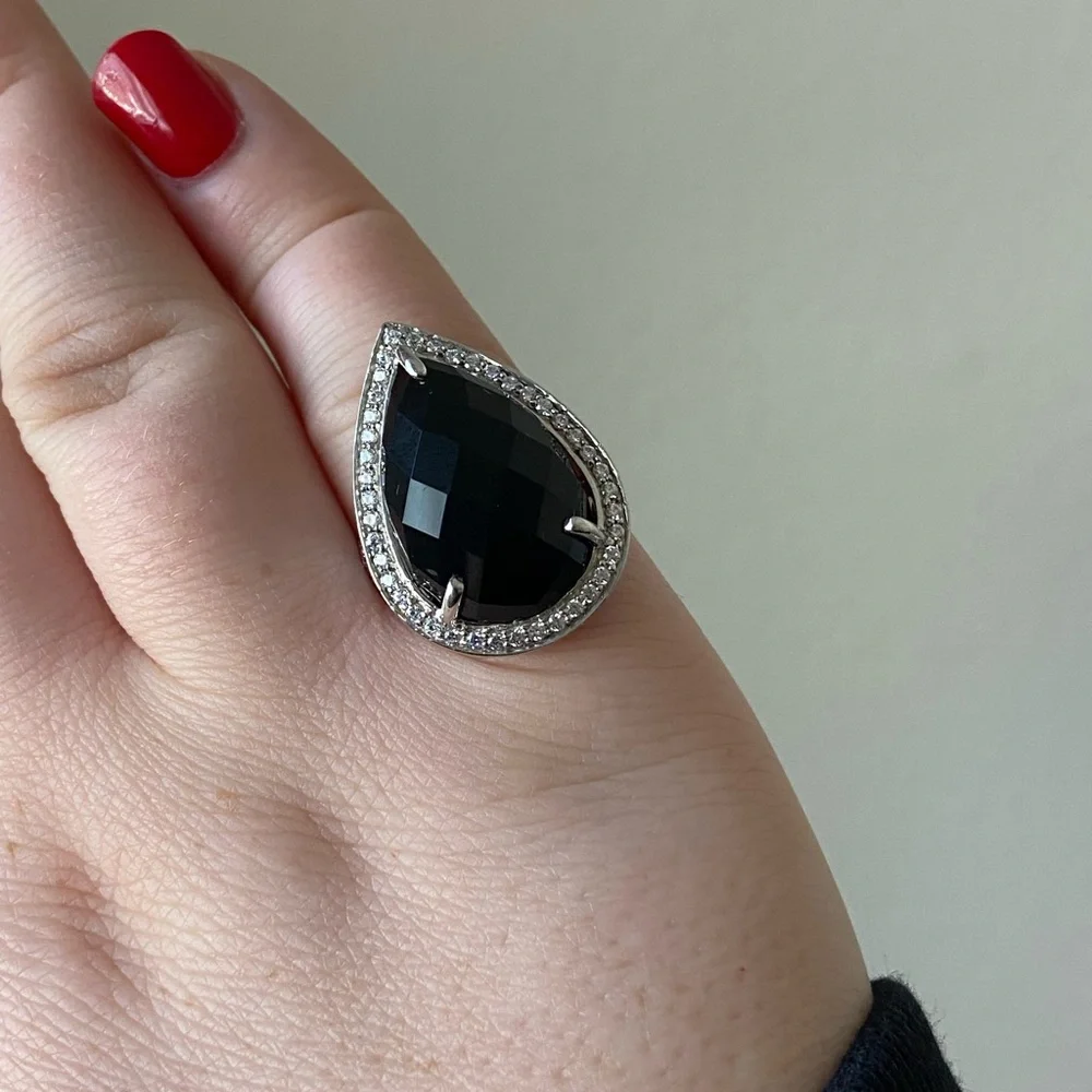 Pear Cut Onyx Cocktail Ring Sterling Silver, size 7